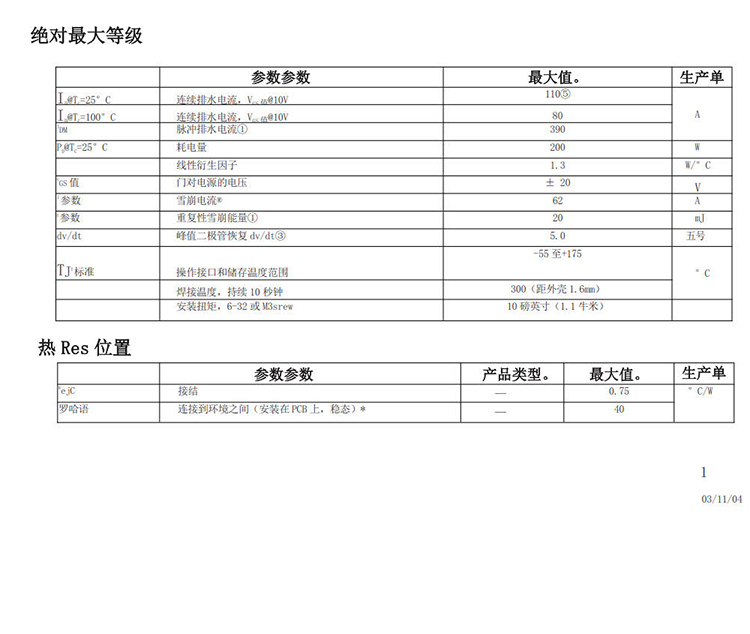 IRF3205SLPBF中文資料 數據手冊 數據表(PDF)