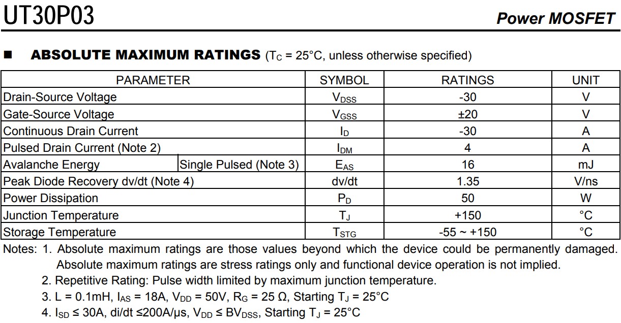 UT30P03L-TN3-T參數
