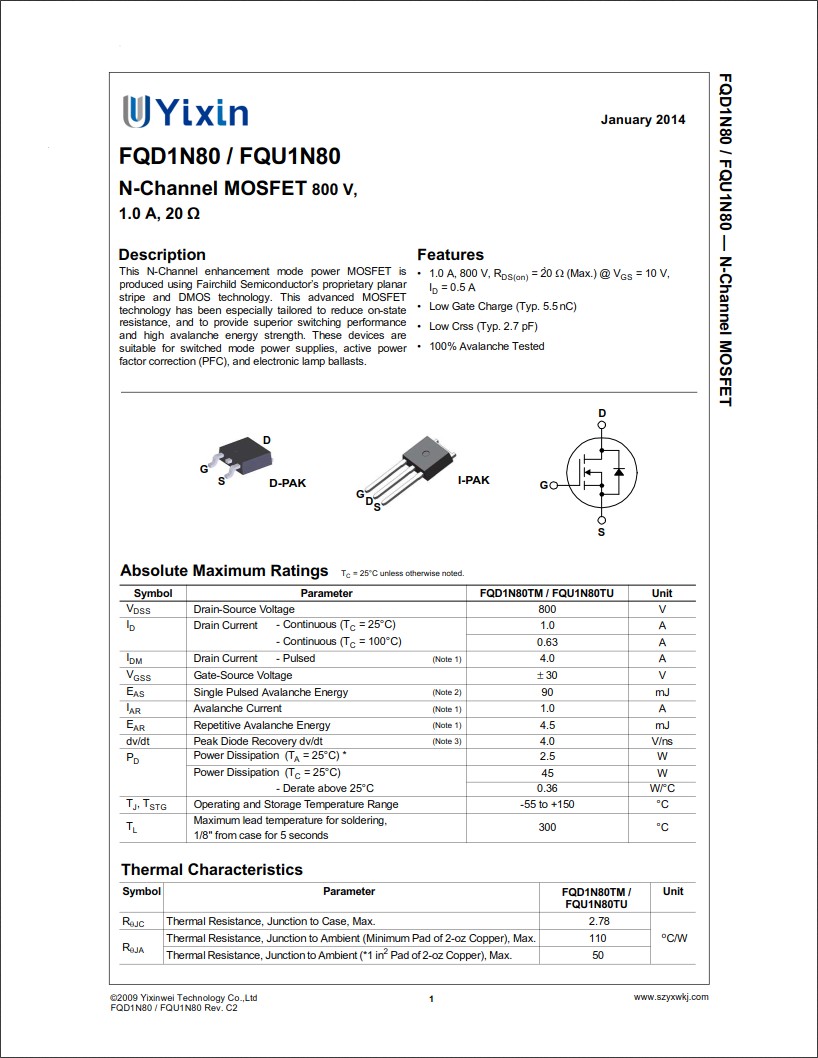 FQD1N80規格書 FQD1N80規格書