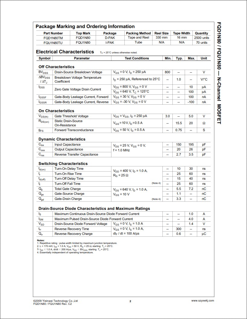 FQD1N80規格書 FQD1N80規格書