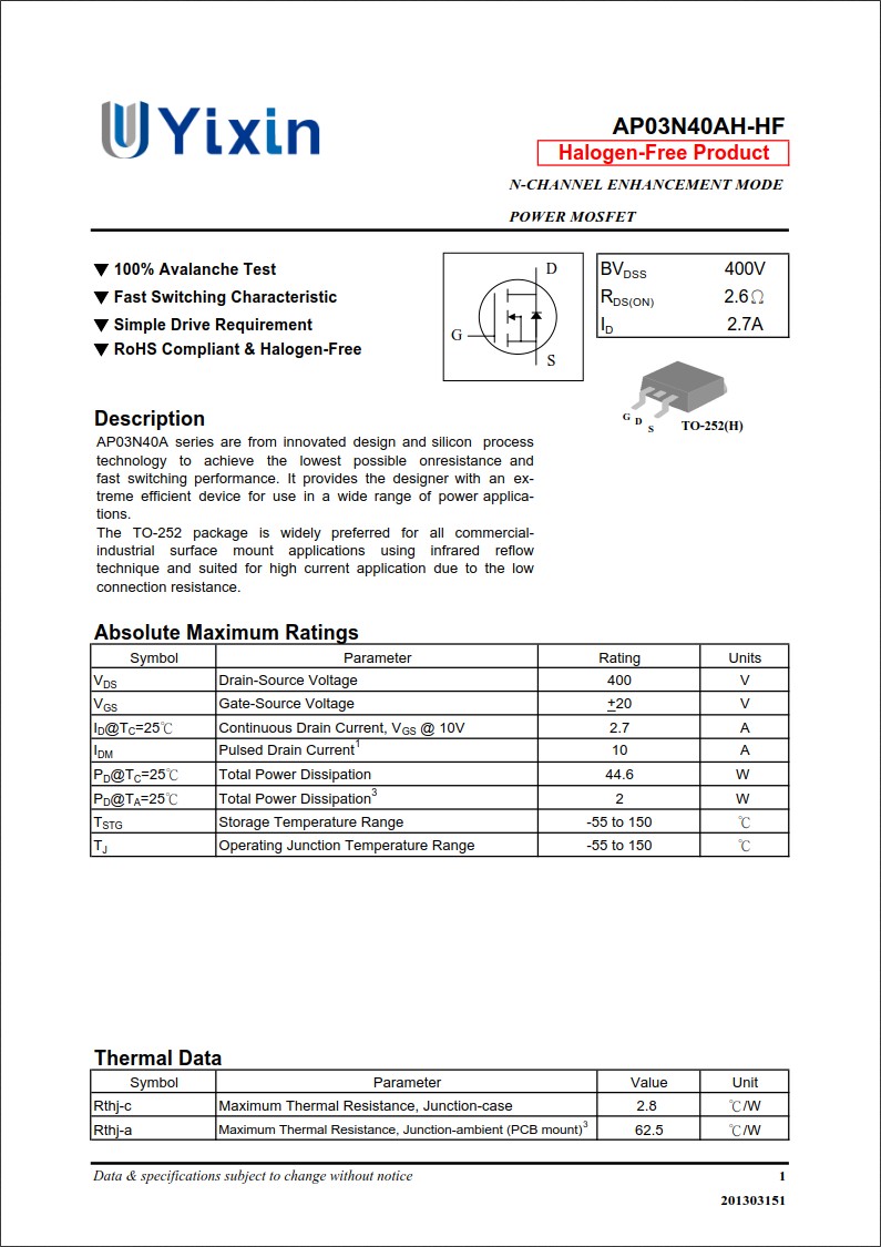 AP03N40AH-HF規(guī)格書 AP03N40AH-HF規(guī)格書