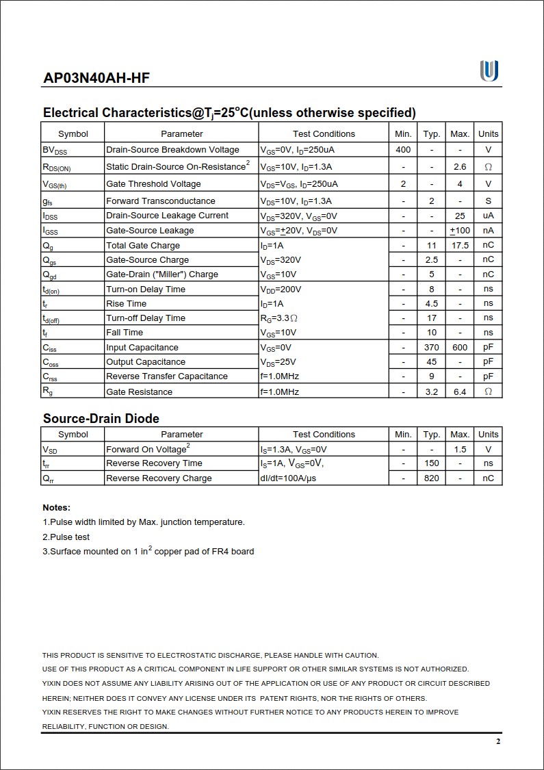 AP03N40AH-HF規(guī)格書 AP03N40AH-HF規(guī)格書