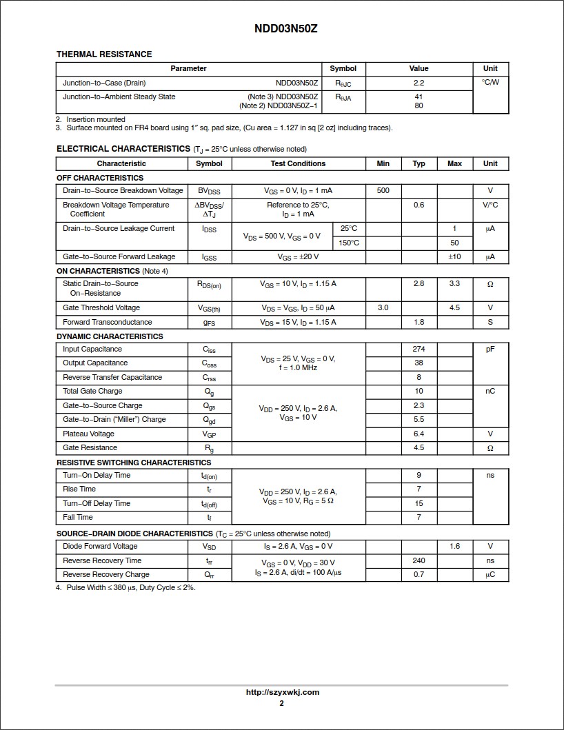 NDD03N50ZT4G規格書 NDD03N50ZT4G規格書