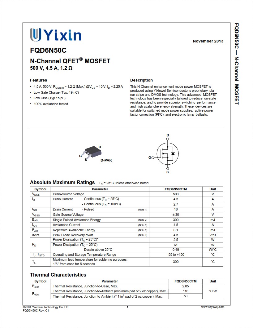 FQD6N50C規格書 FQD6N50C規格書