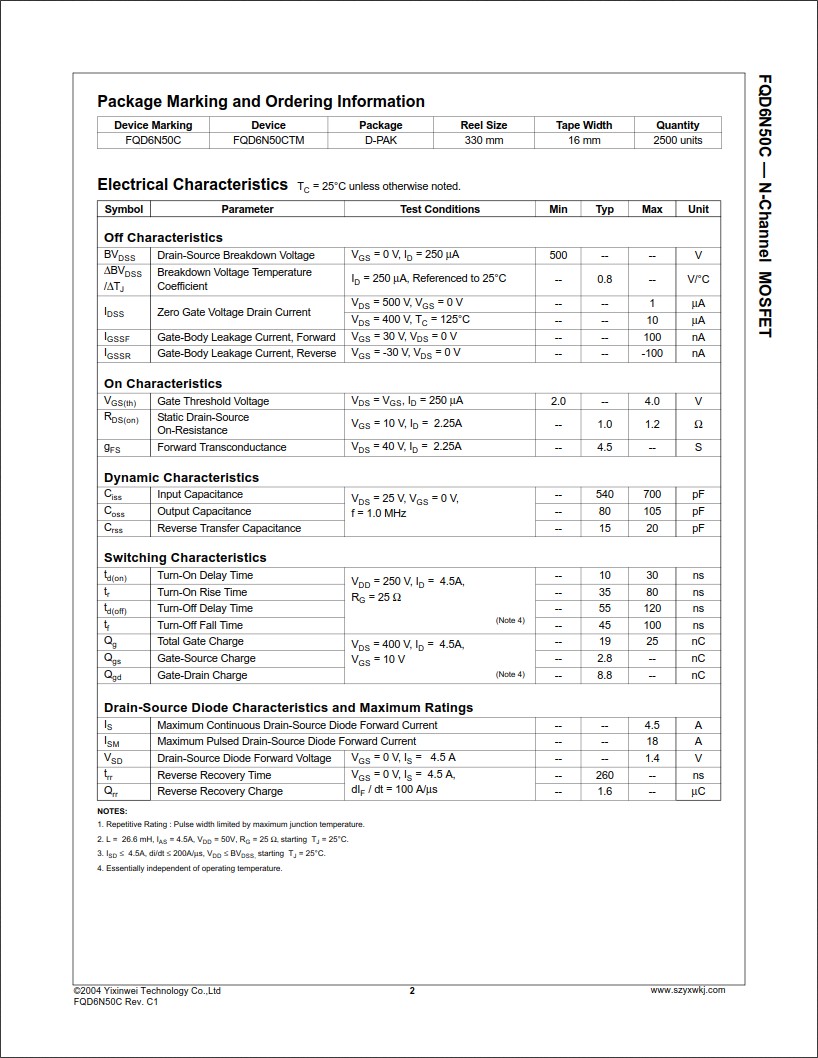 FQD6N50C規格書 FQD6N50C規格書
