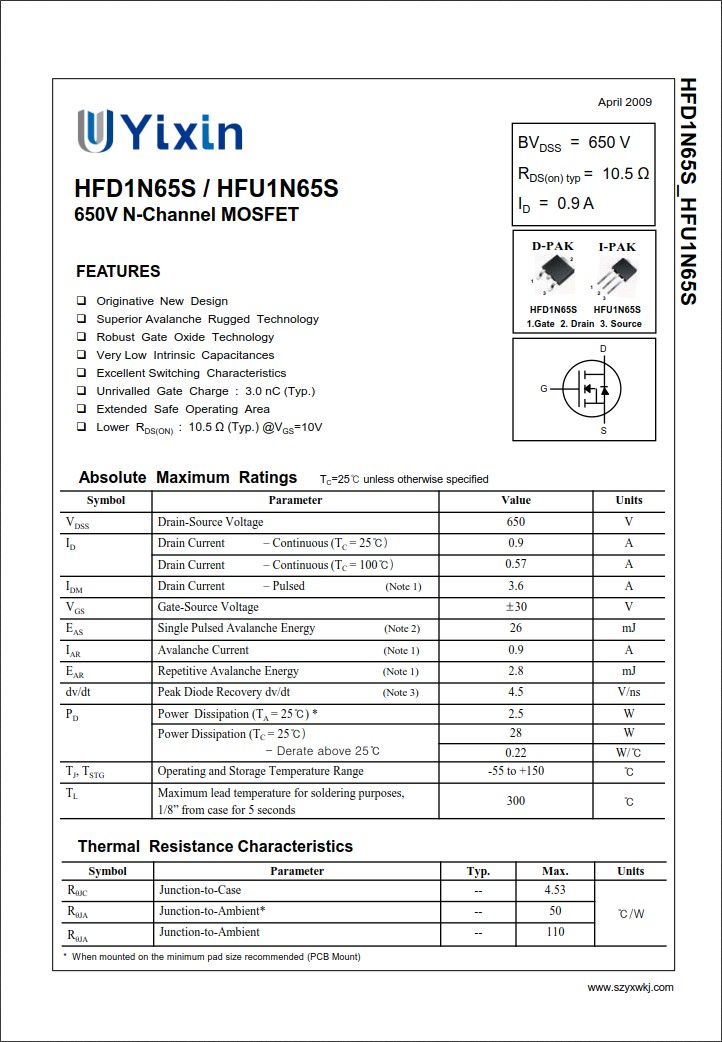 HFD1N65S規(guī)格書 HFD1N65S規(guī)格書