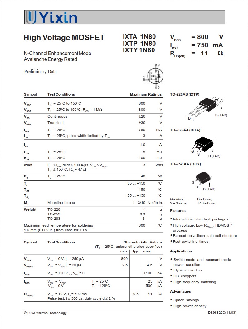 IXTY1N80 規格書 IXTY1N80 規格書