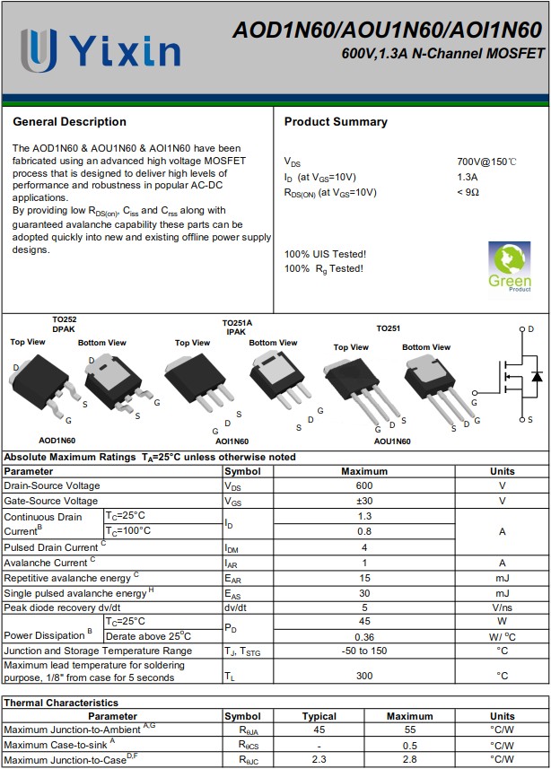AOD1N60規(guī)格書