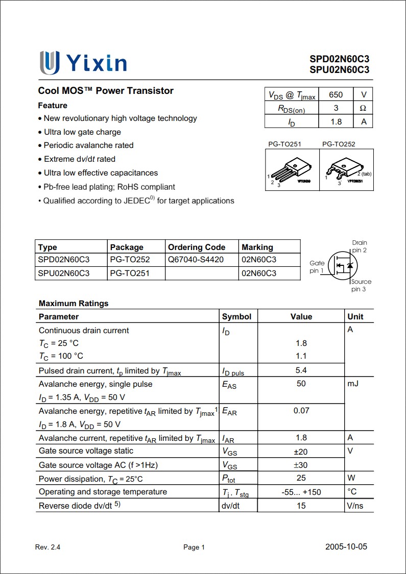 SPD02N60C3規格書 SPD02N60C3規格書