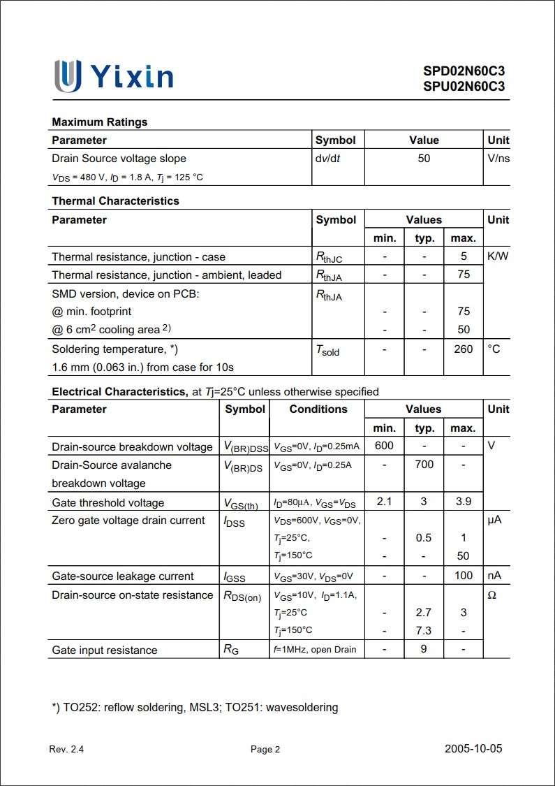 SPD02N60C3規格書 SPD02N60C3規格書