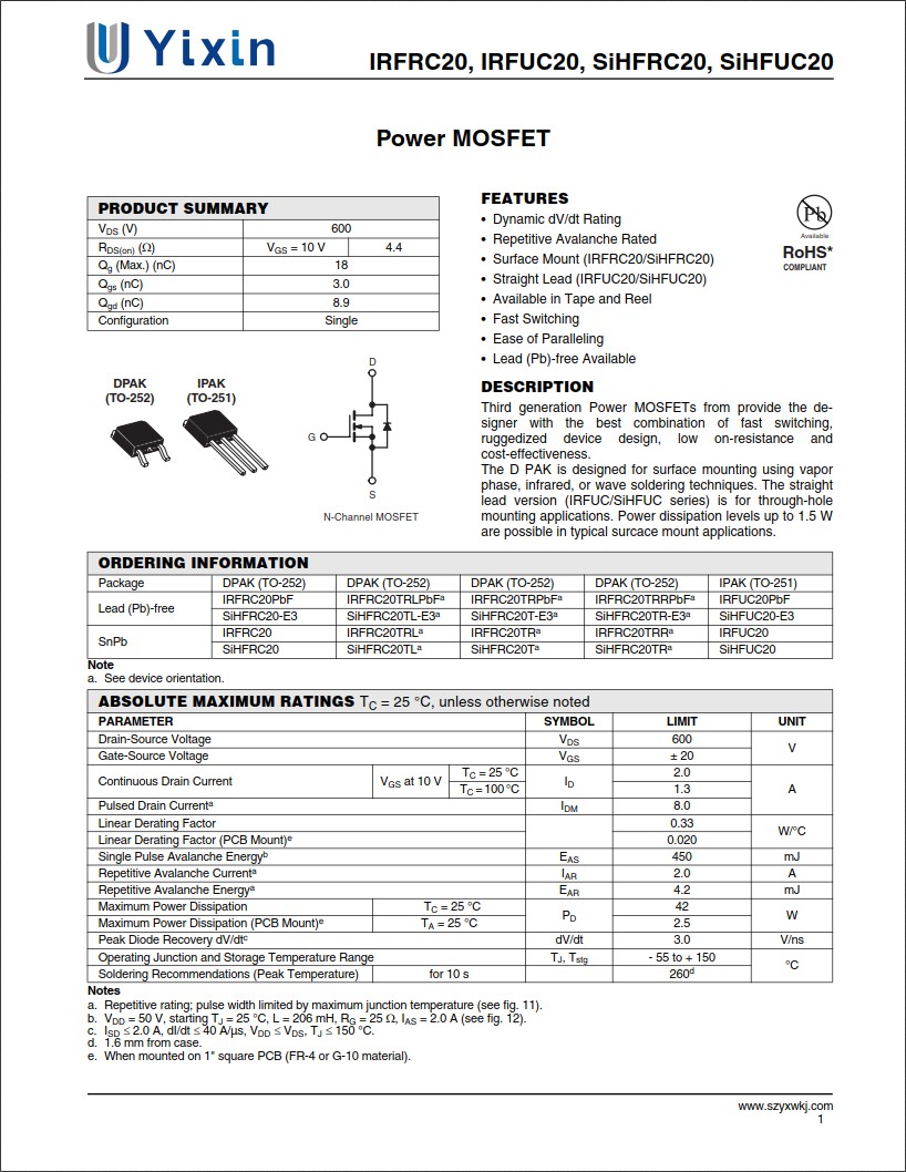 SiHFRC20規格書 SiHFRC20規格書