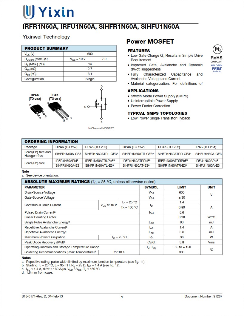 SiHFR1N60A規格書 SiHFR1N60A規格書