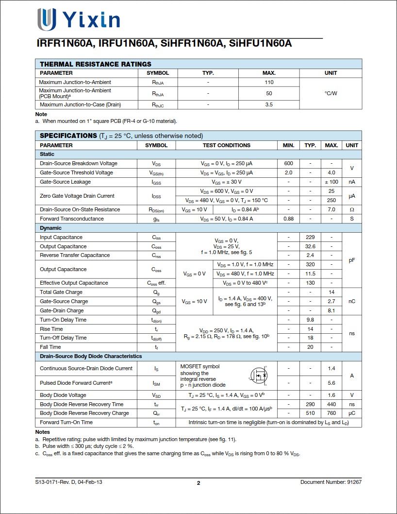 SiHFR1N60A規格書 SiHFR1N60A規格書