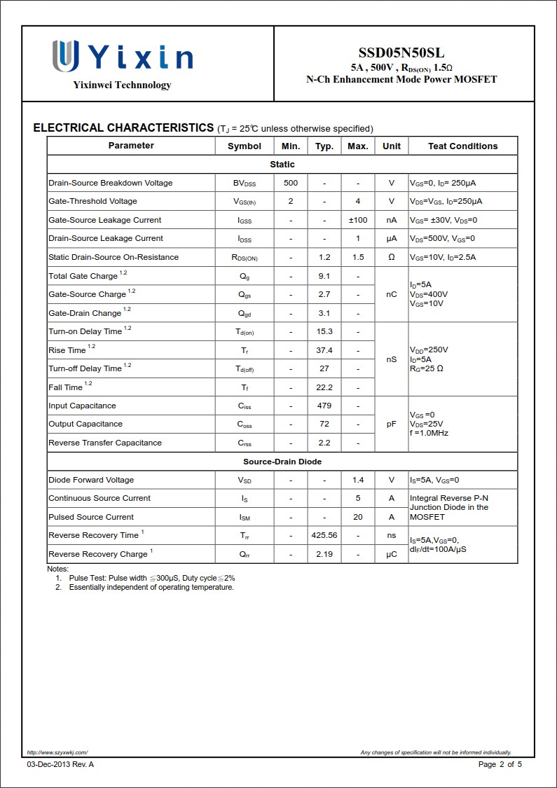 SSD05N50SL規格書 SSD05N50SL規格書