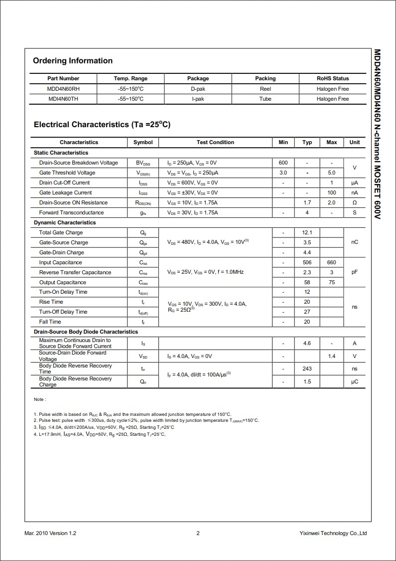 MDD4N60RH規(guī)格書 MDD4N60RH規(guī)格書