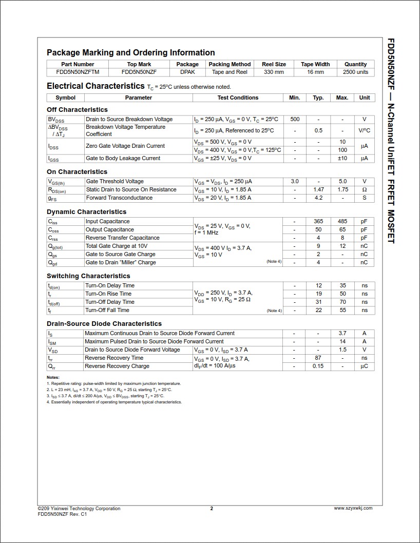 FDD5N50NZF規(guī)格書 FDD5N50NZF規(guī)格書