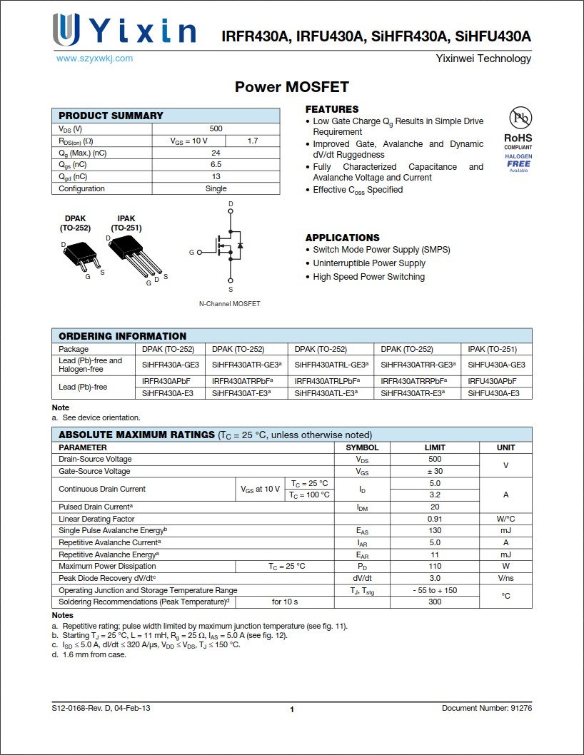 IRFR430A規格書 IRFR430A規格書