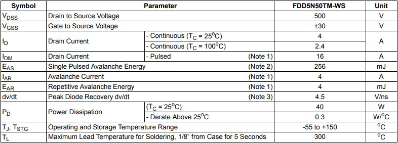 FDD5N50主要參數 FDD5N50主要參數