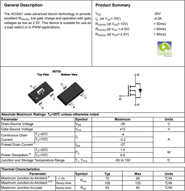 AO3401規(guī)格書 AO3401規(guī)格書