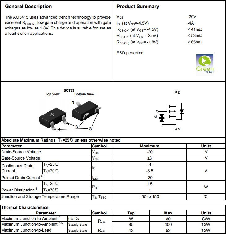 AO3415絕對最大額定參數 AO3415絕對最大額定參數