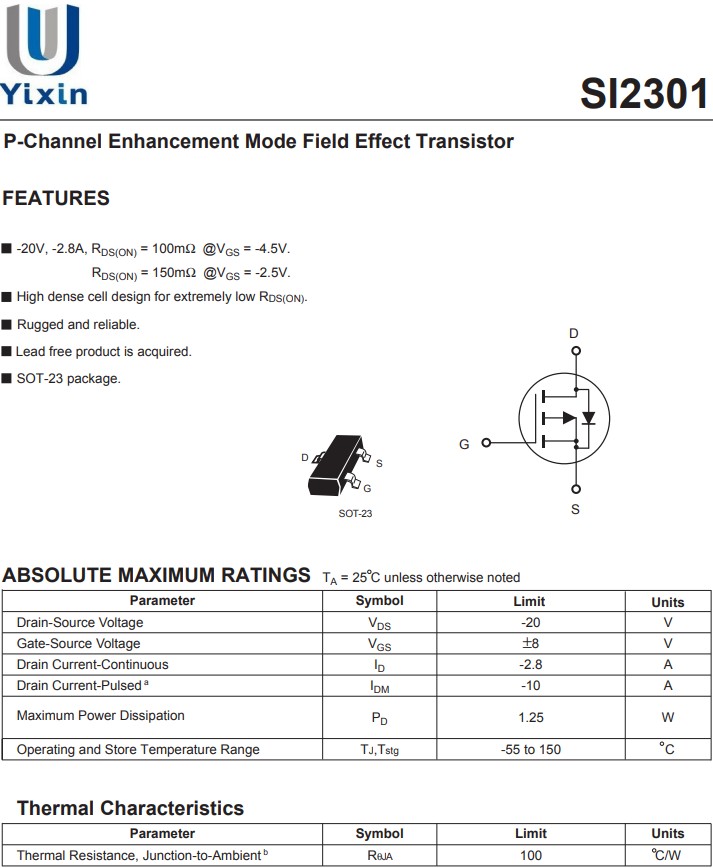 SI2301絕對最大額定參數 SI2301絕對最大額定參數