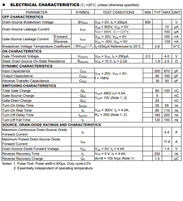 4N60電氣特性參數(shù) 4N60電氣特性參數(shù)