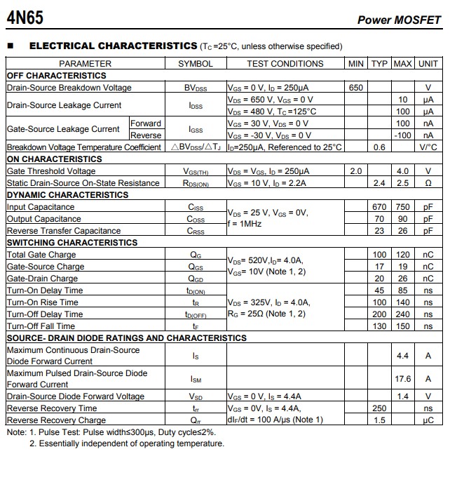 4N65電氣特性參數(shù) 4N65電氣特性參數(shù)