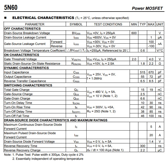 5N60電氣特性參數 5N60電氣特性參數
