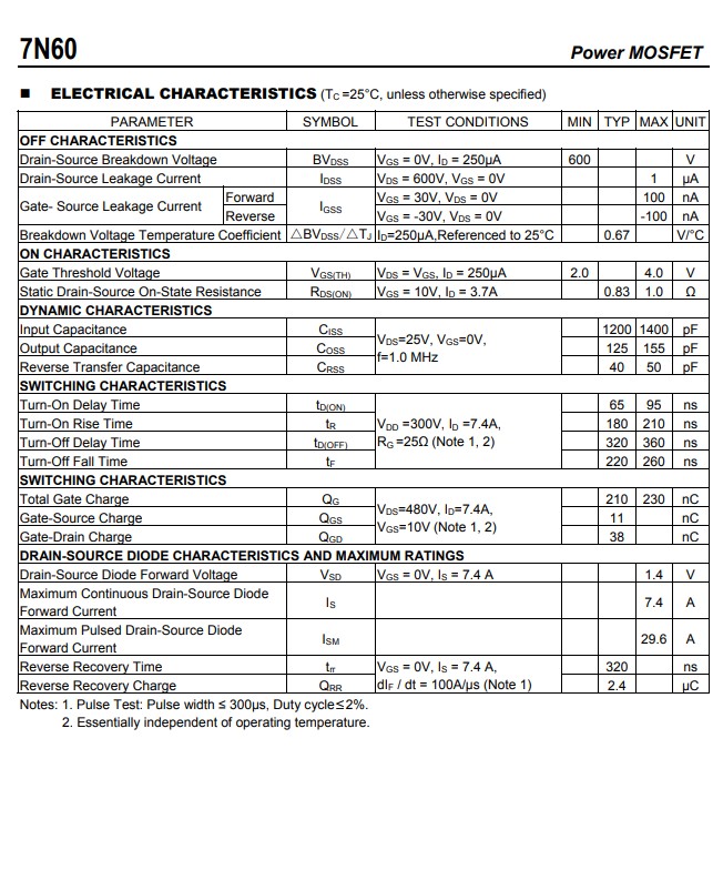 7N60電氣特性參數