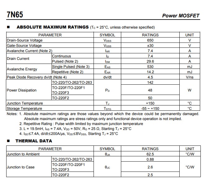 7N65絕對最大額定參數 7N65絕對最大額定參數