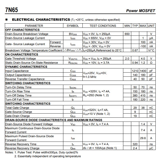 7N65電氣特性參數 7N65電氣特性參數