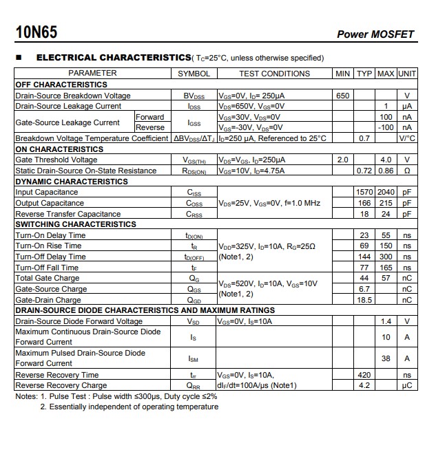 10N65電氣特性參數(shù) 10N65電氣特性參數(shù)