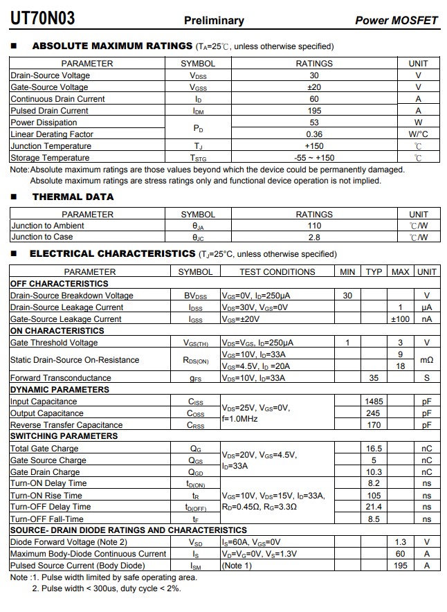 70N03絕對(duì)最大額定參數(shù)與電氣特性 70N03絕對(duì)最大額定參數(shù)與電氣特性