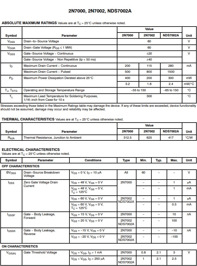 2N7002絕對(duì)額定最大參數(shù)與電氣特性等