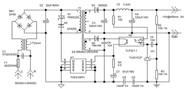 4W開關型5V直流穩壓電源的電路