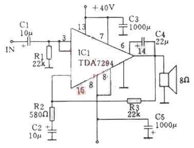TDA7294構成的100W功率放大器電路圖 TDA7294構成的100W功率放大器電路圖
