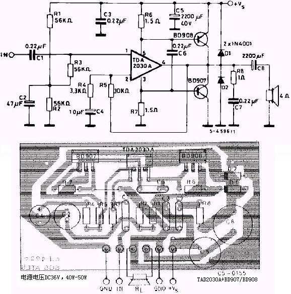 TDA2030功放集成塊和BD907/908制作的40w功放電路 TDA2030功放集成塊和BD907/908制作的40w功放電路