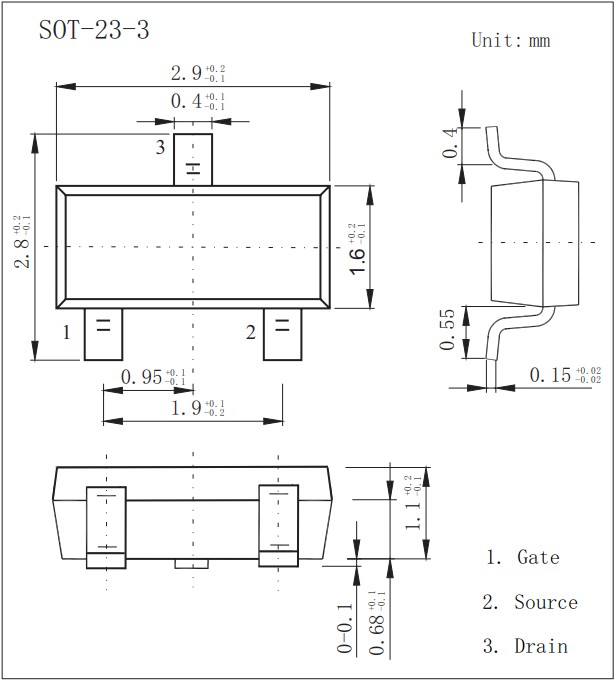 圖5)場效應管AO3407(SOT23)封裝尺寸 圖5)場效應管AO3407(SOT23)封裝尺寸