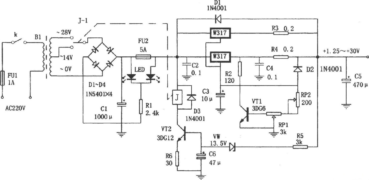LM317構成的自適應可調穩壓電源電路 LM317構成的自適應可調穩壓電源電路