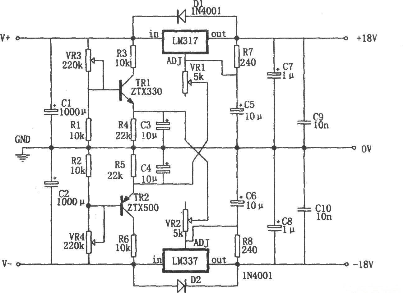 LM317構成的0~±30V、1.5A電源電路 LM317構成的0~±30V、1.5A電源電路