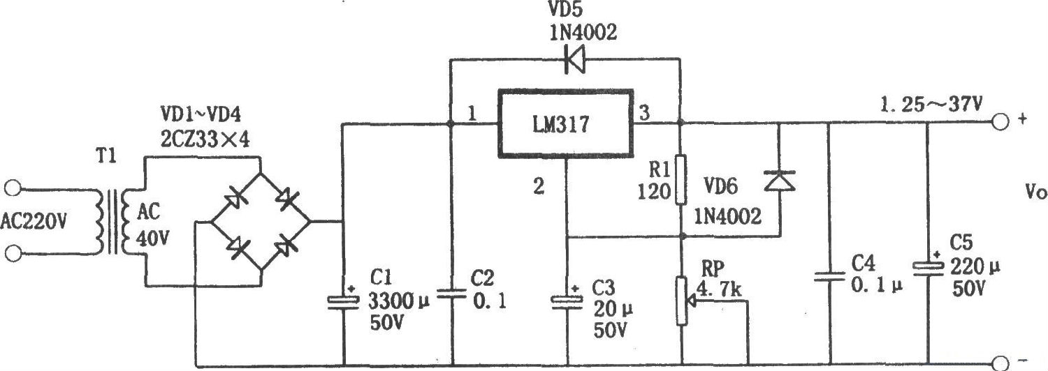LM317構成的1.25~37V可調電源電路 LM317構成的1.25~37V可調電源電路