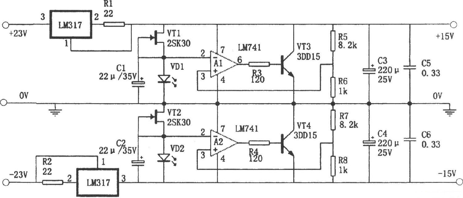 LM317構成的恒流并聯穩壓電源電路 LM317構成的恒流并聯穩壓電源電路