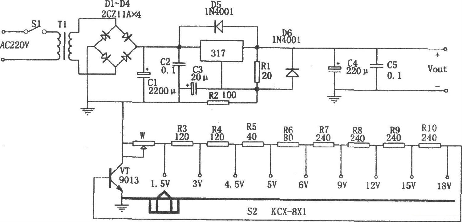 LM317構成的分擋可調直流穩壓電源電路 LM317構成的分擋可調直流穩壓電源電路