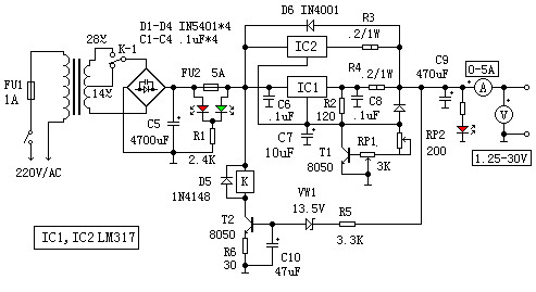 1.25V~30V連續可調穩壓電源原理圖 1.25V~30V連續可調穩壓電源原理圖