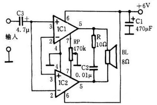 LM386構成OCL功放電路的電路圖